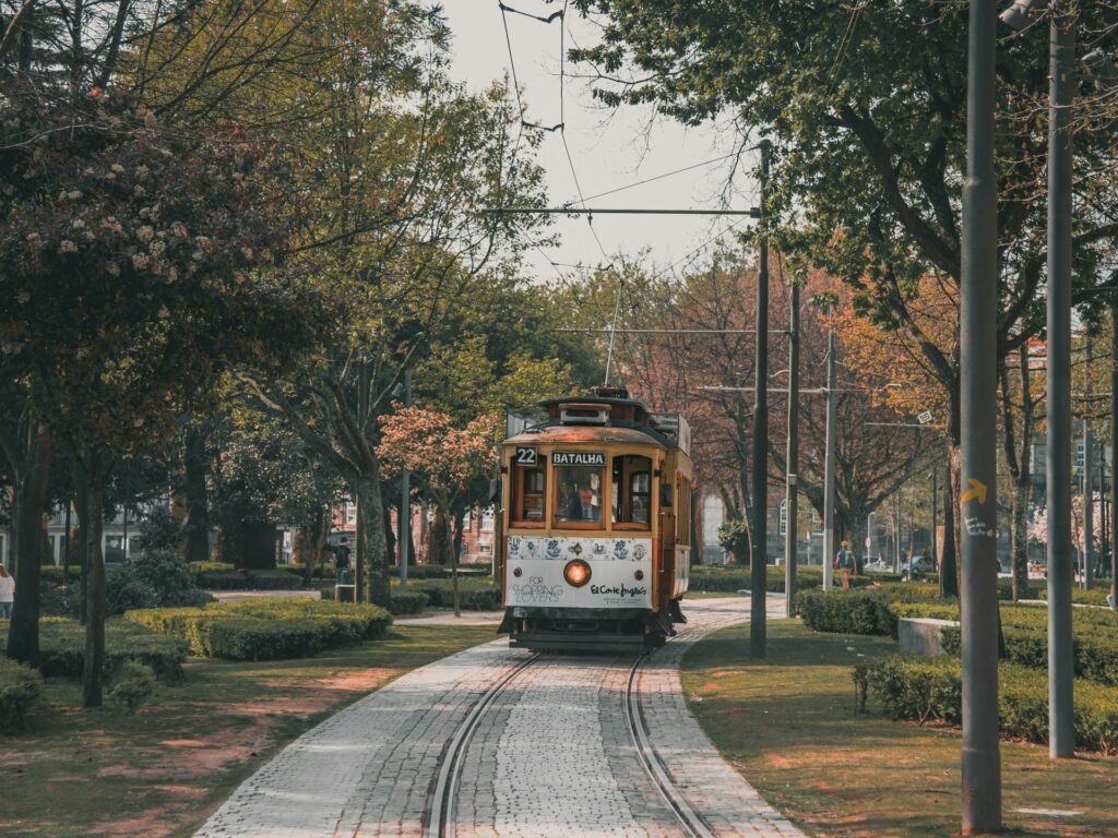 brown-and-white-tram-between-trees-ShJKR9Vq-gg